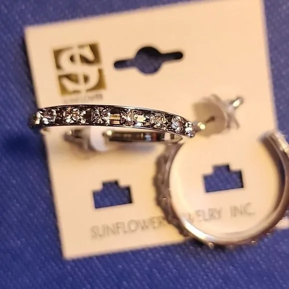 Silver Toned Studded Hoop Earrings With Faux Rhinestones - Picture 4 of 4